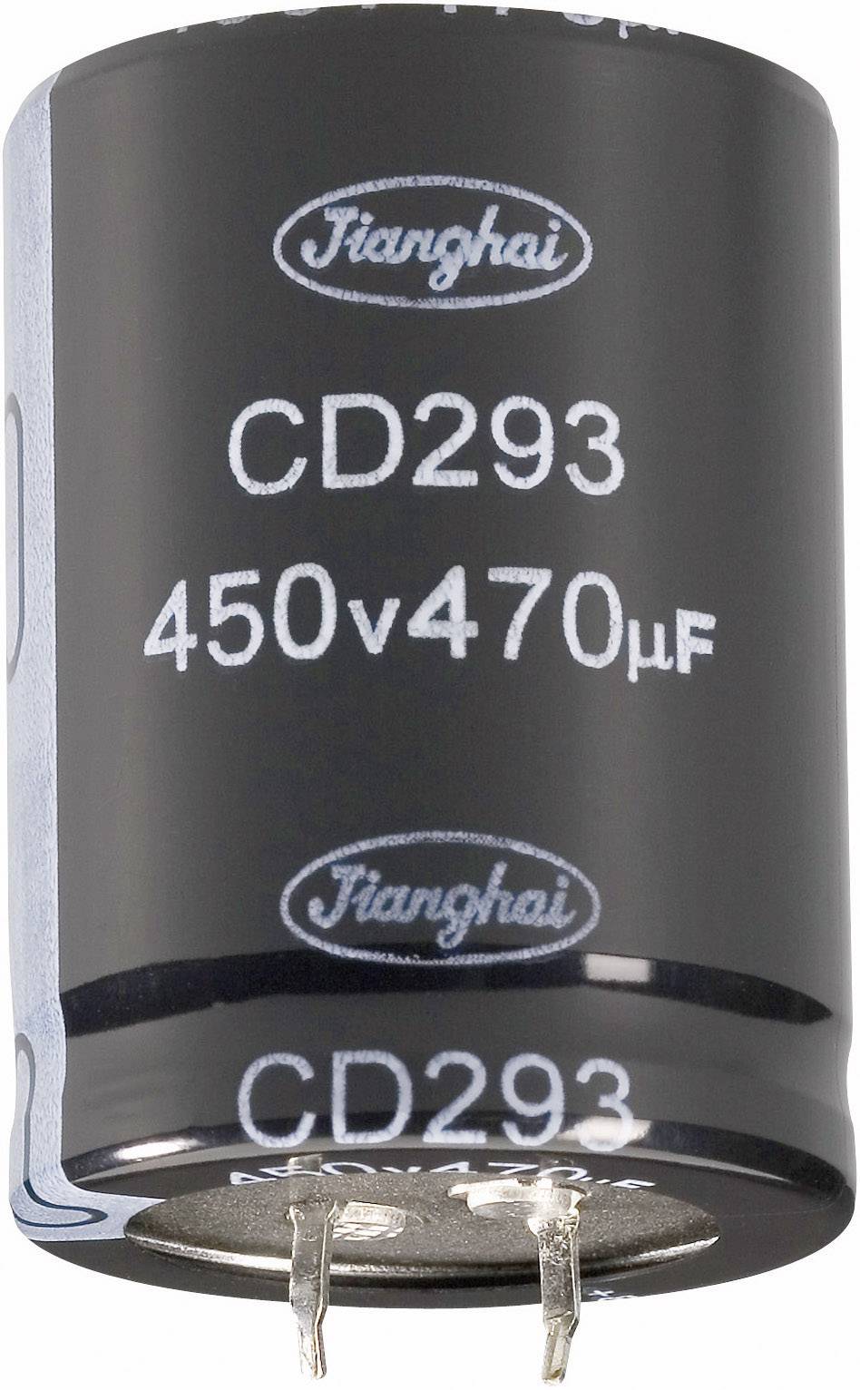 Schwarzer Elektrolytkondensator CD293, Kapazität 470µF, Spannungsfestigkeit 450V, mit zwei Metallanschlüssen an der Basis.