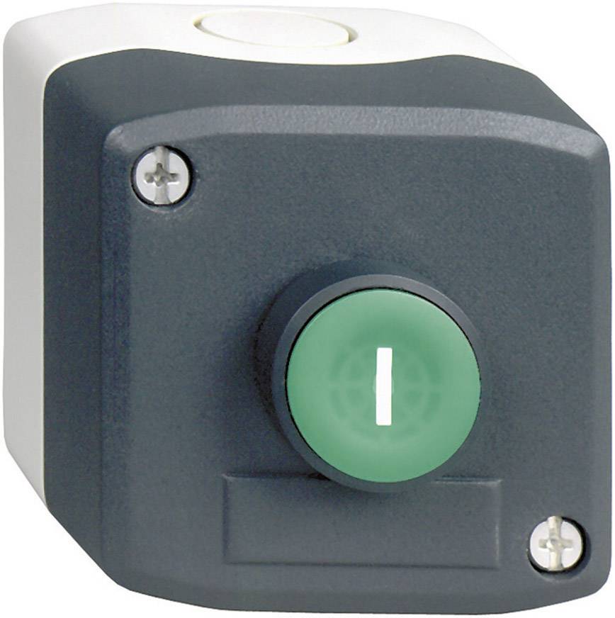 Interrupteur à bouton poussoir vert avec boîtier blanc et fixations à vis, adapté pour commander des appareils électriques.
