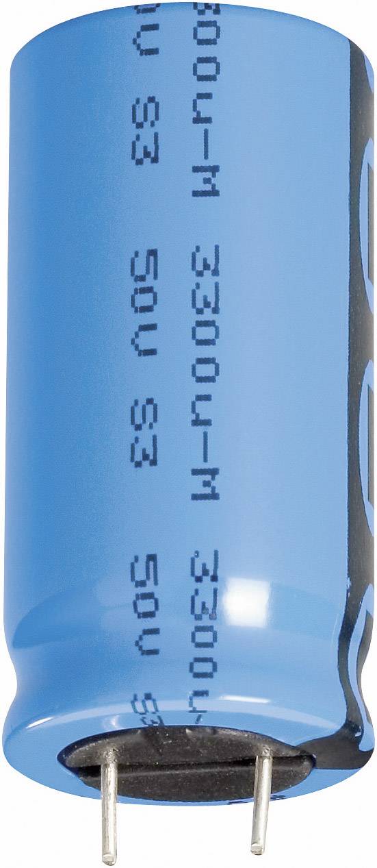 Ein blauer Elektrolytkondensator mit zwei Anschlussdrähten. Aufschrift: '3300μF, 50V'. Geeignet für elektronische Schaltungen.