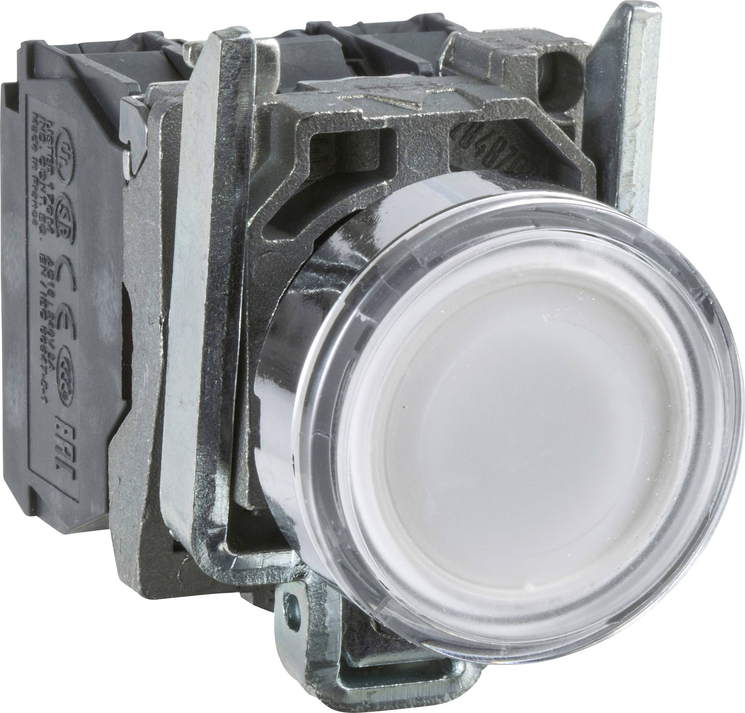 Bouton-poussoir rond et transparent dans un boîtier métallique, adapté aux applications industrielles telles que les commandes de machines.