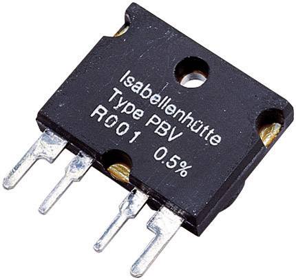 Résistance électronique noire à trois bornes métalliques, portant l'inscription 'Isabellenhütte Type PBV R001 0.5%'.