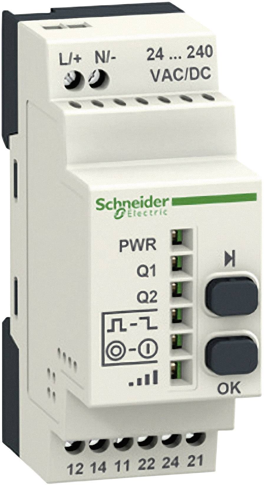 Un appareil électrique blanc et rectangulaire de Schneider Electric, prenant en charge des tensions de 24 à 240 VAC/DC, doté de plusieurs connexions et de deux touches.