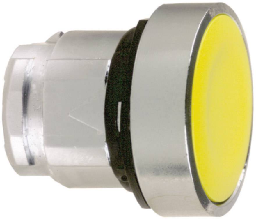 Bouton-poussoir jaune avec bague de finition métallique, utilisé comme élément de commande dans les systèmes de contrôle de machines ou les appareils électroniques.