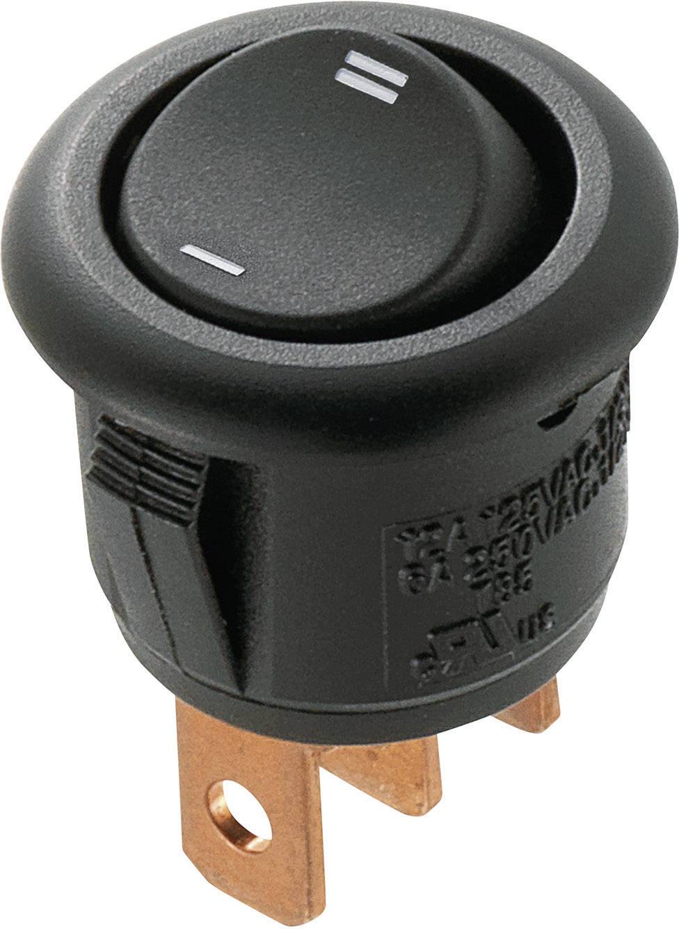 Interrupteur à bascule rond en plastique noir avec trois contacts en cuivre, adapté pour le contrôle des circuits électriques.