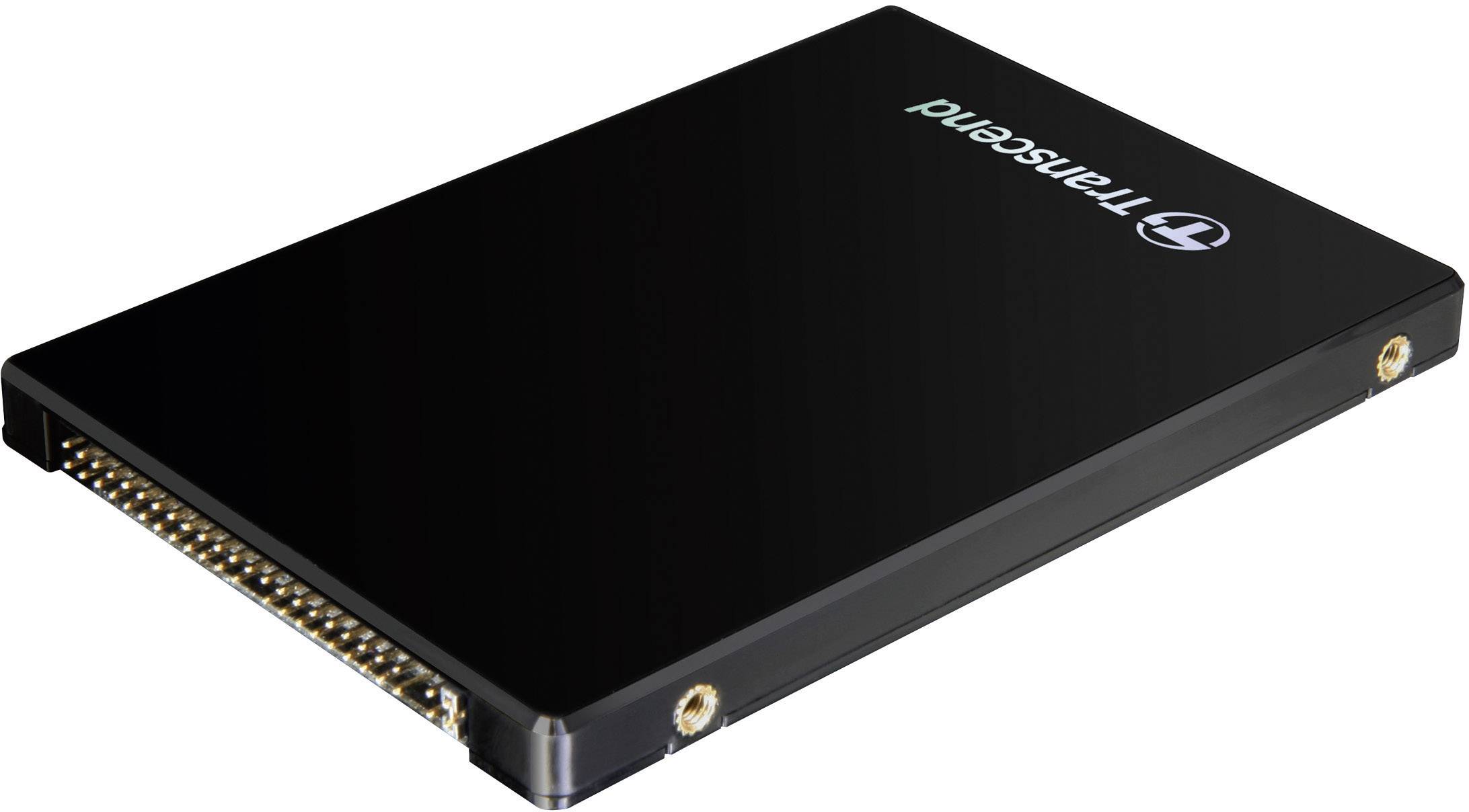 Disque SSD externe dans un boîtier noir rectangulaire, avec logo 'Transcend', adapté pour le stockage et le transfert rapide de données.