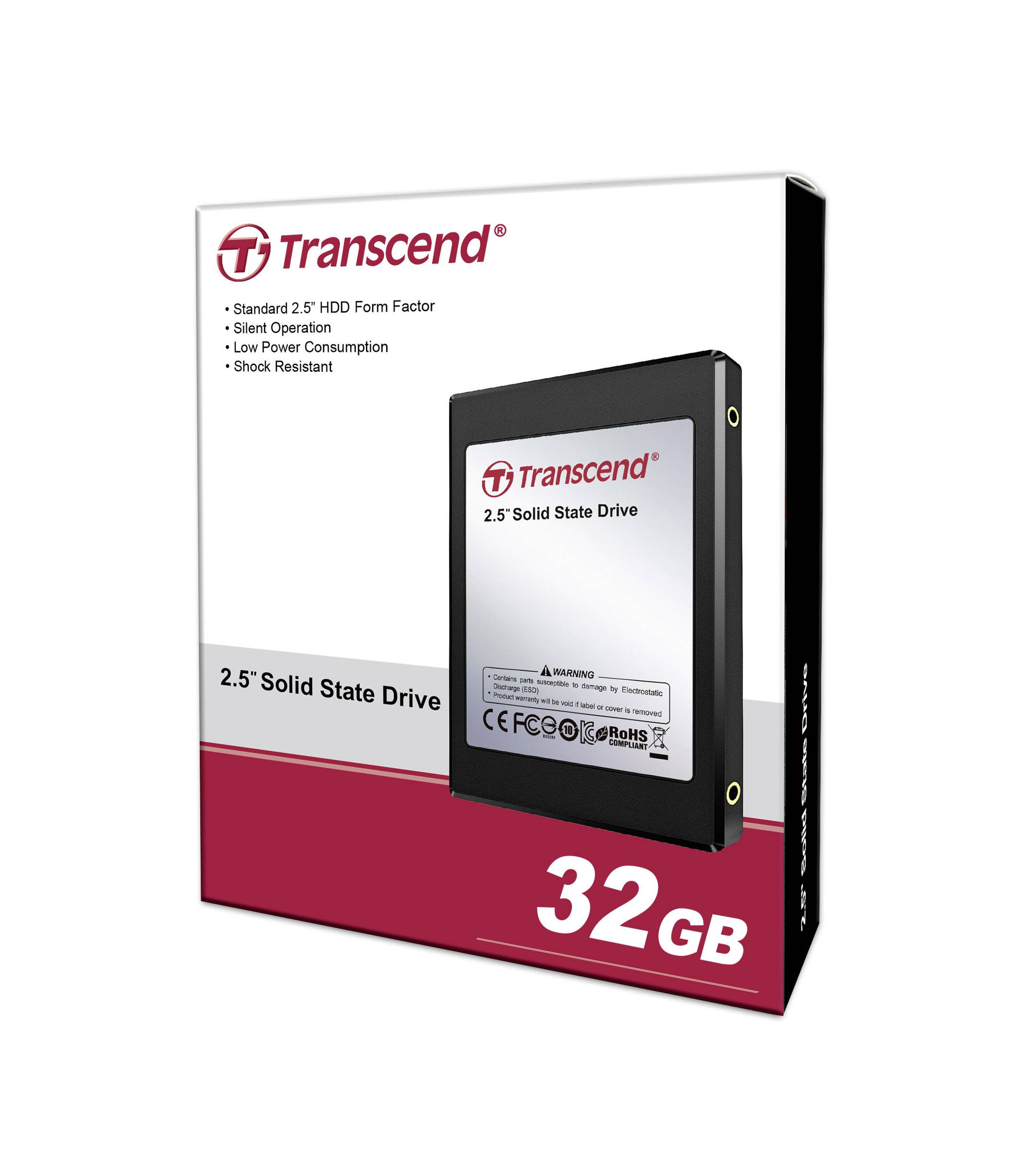 Emballage pour un disque dur SSD Transcend de 2,5 pouces avec 32 Go. Caractéristiques : faible consommation électrique, fonctionnement silencieux, résistant aux chocs.