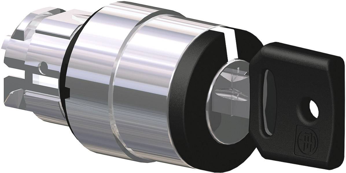 Serrure cylindrique avec une clé partiellement insérée. La serrure est argentée, la poignée de la clé est noire.