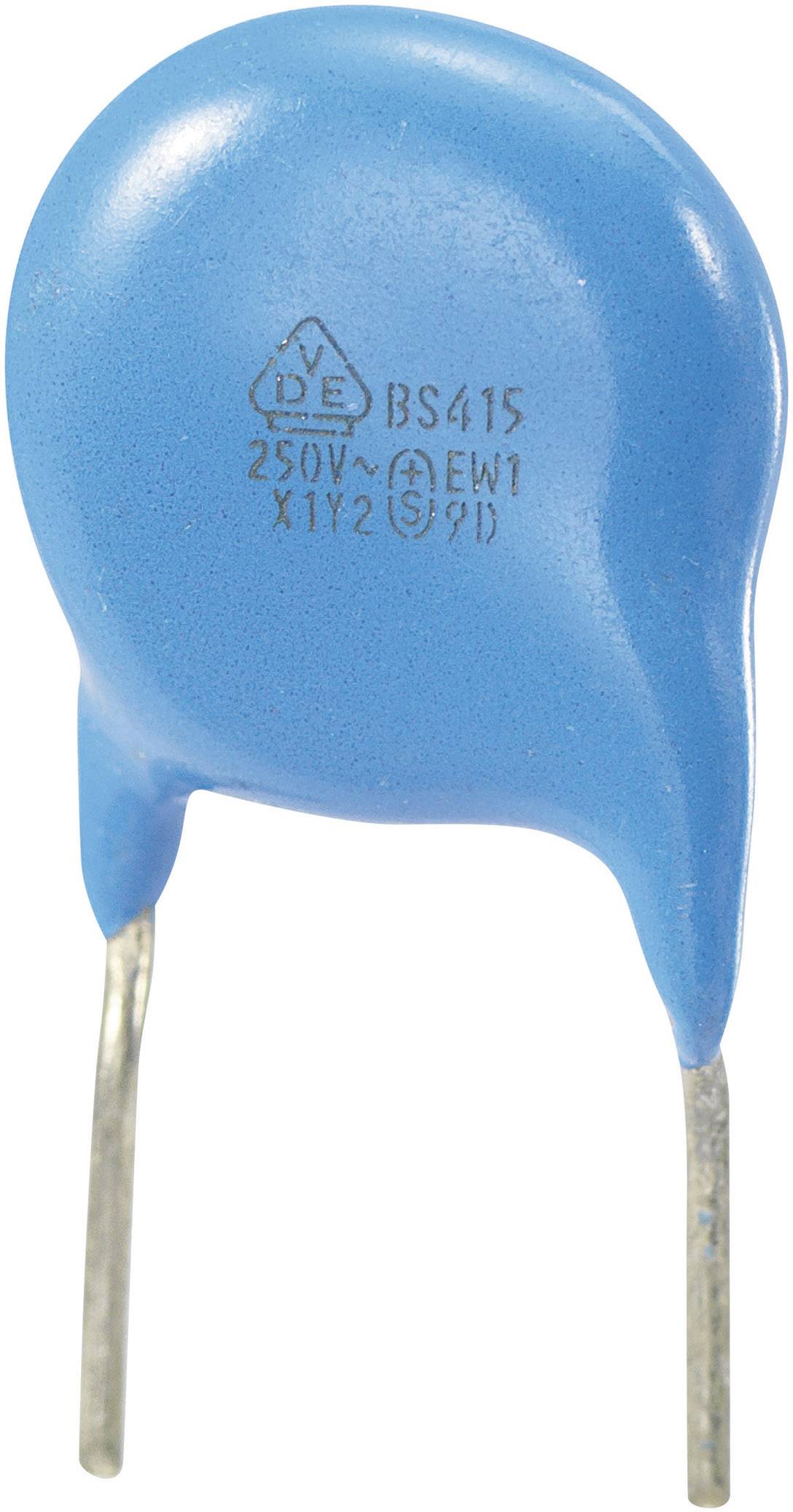 Un condensateur à disque bleu avec deux pattes métalliques. Inscription : 'DE BS415', '250V~ A EWT', 'X1Y2 5mm'.