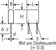 Dessin technique d'un composant électronique avec dimensions : largeur (L), hauteur (H), longueur (P), diamètre (d), pas de grille (PG) et sortie de fil.