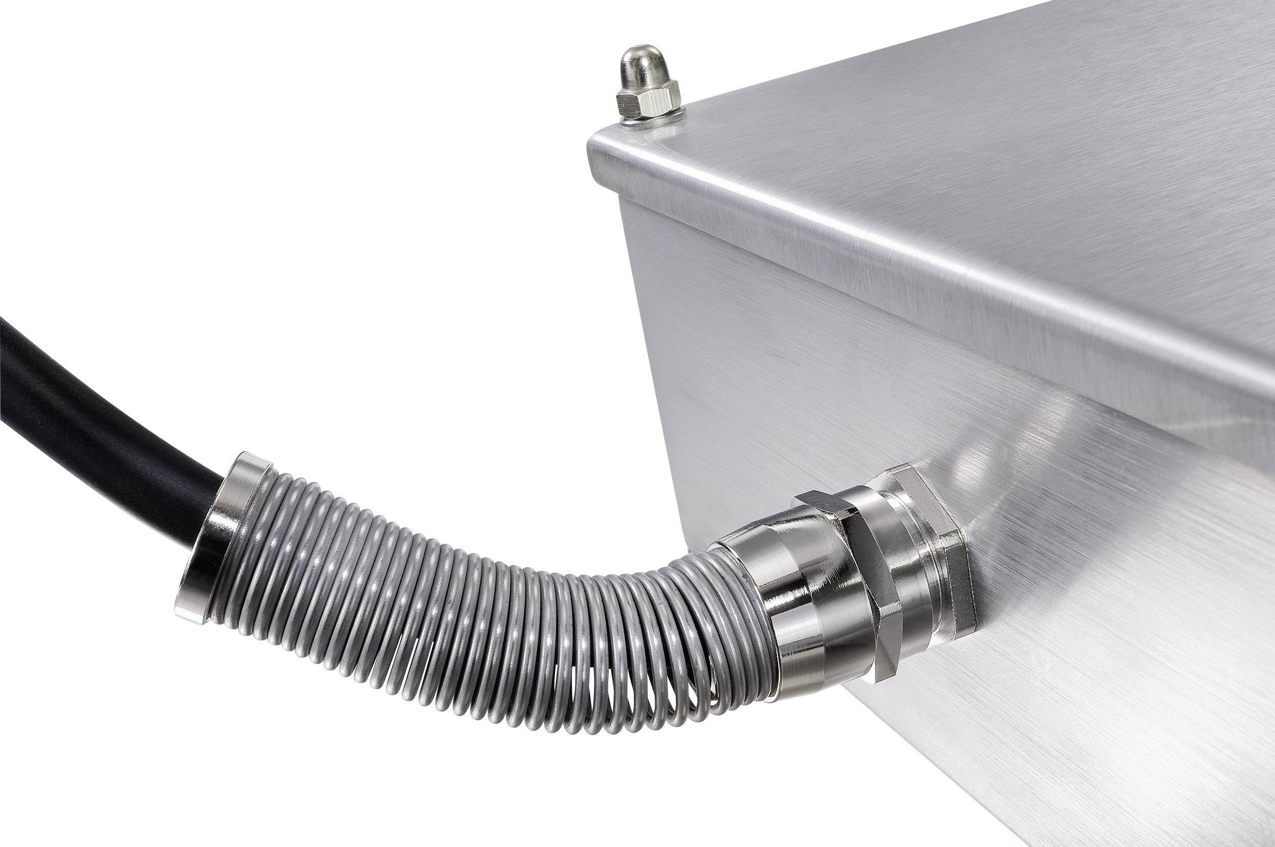 Un boîtier métallique avec un flexible ondulé et un câble menant à un raccordement. Élément de connexion industriel.