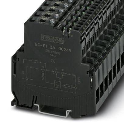 Un composant électrique avec plusieurs bornes, portant l'inscription 'EC-E1 2.2A DC24V'. Développé pour les circuits de commande ou de puissance.