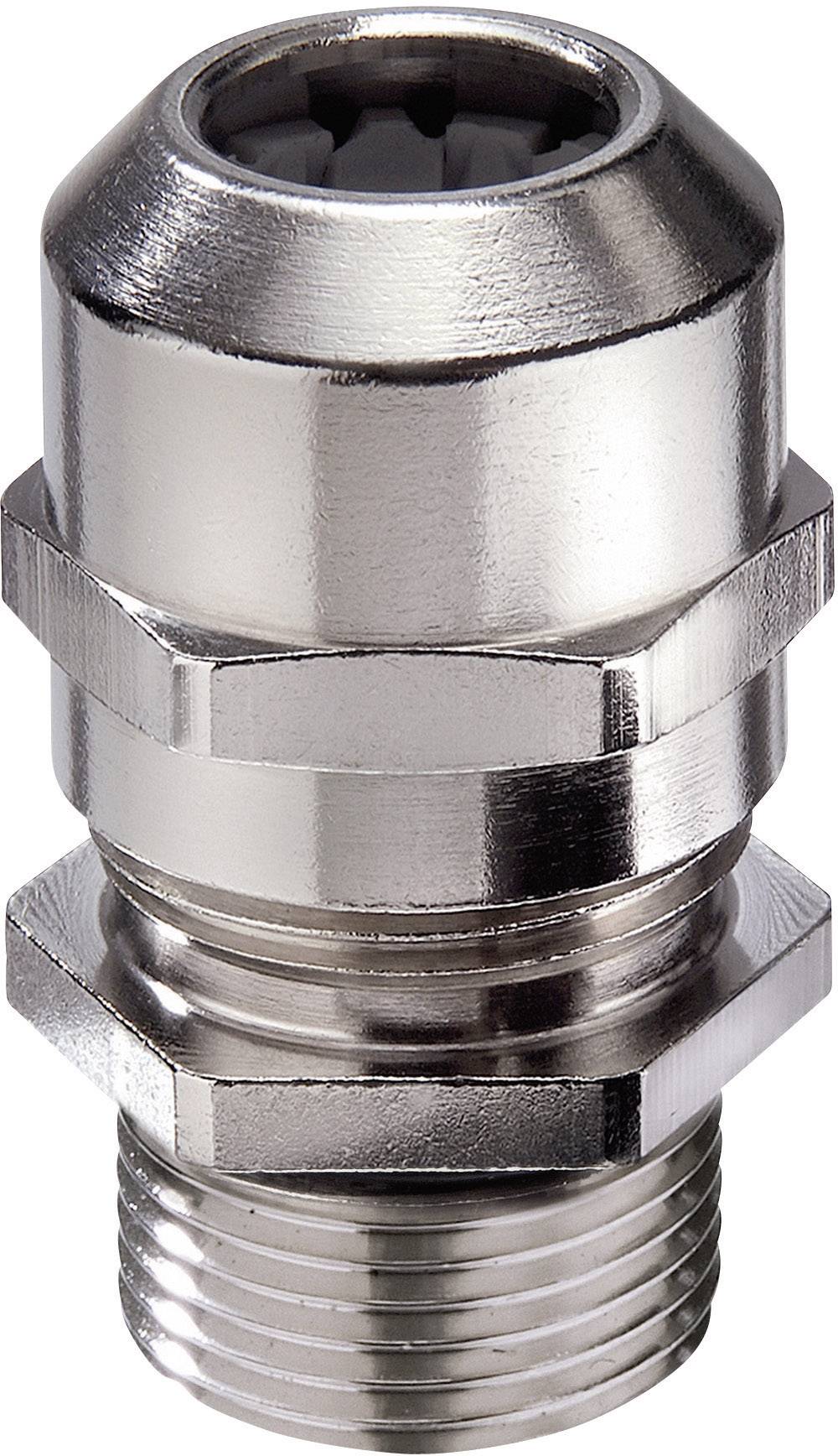 Presse-étoupe métallique, cylindrique, argentée, avec raccordement fileté, pour la fixation et l'étanchéification sécurisée des câbles dans les appareils.