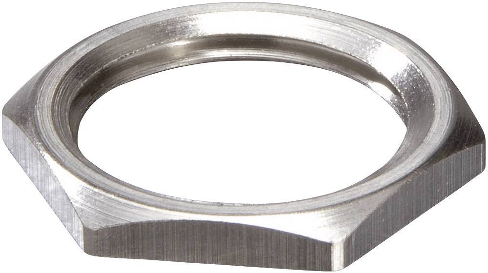Une bague hexagonale en métal argenté, plate et brillante, est posée isolément sur un fond blanc.
