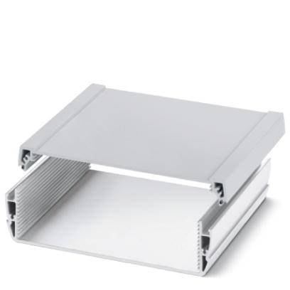 Un composant rectangulaire gris en aluminium, ressemblant à un boîtier. Des nervures de profilage sont visibles et un couvercle supérieur est ouvert.