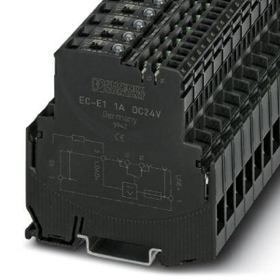 Appareil électrique noir, rectangulaire avec plusieurs points de connexion, portant l'inscription 'EC-E1 1A DC24V'. Fabriqué en Allemagne.