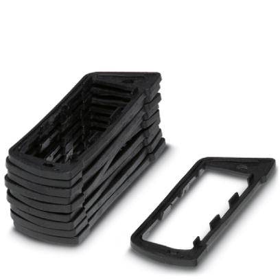 Plusieurs cadres rectangulaires noirs en plastique sont empilés, avec un cadre isolé à côté. Ils semblent être utilisés comme joints d'étanchéité.
