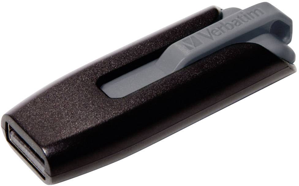 Une clé USB noire avec un curseur gris portant l'inscription 'Verbatim' sur le dessus.