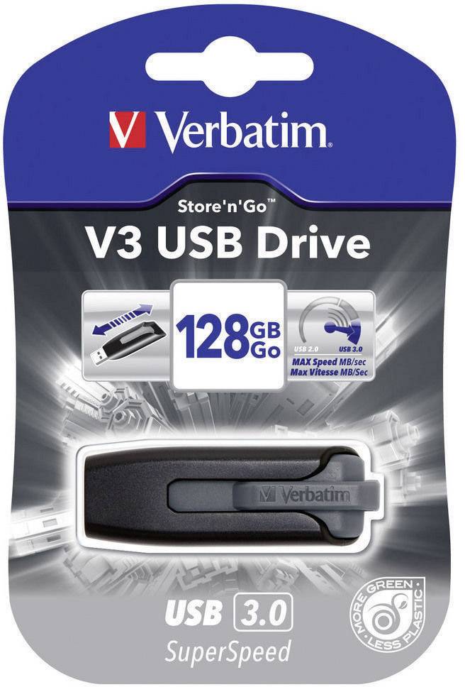 Clé USB 3.0 Verbatim V3, 128 Go, illustrée sur un emballage. Transfert de données rapide jusqu'à 80 Mo/s. Design écologique.