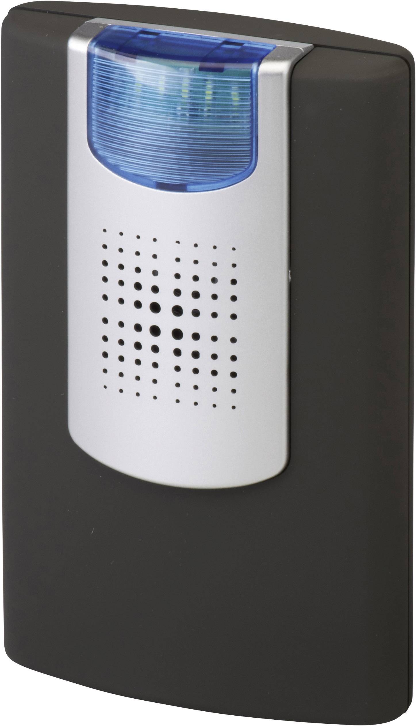 Installation d'interphone de forme rectangulaire avec un éclairage bleu en haut et une zone perforée au centre pour la transmission audio.