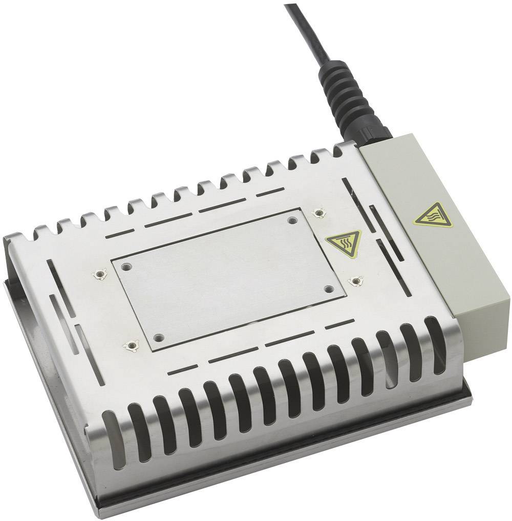 Composant électronique compact en argent avec un câble, utilisé pour le refroidissement ou l'évacuation de chaleur, avertissement de sécurité visible.