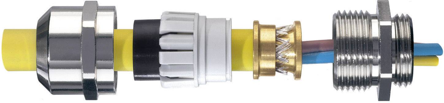 Un câble multicolore est tiré à travers plusieurs connecteurs. Des éléments métalliques et des gaines en plastique entourent les extrémités du câble.