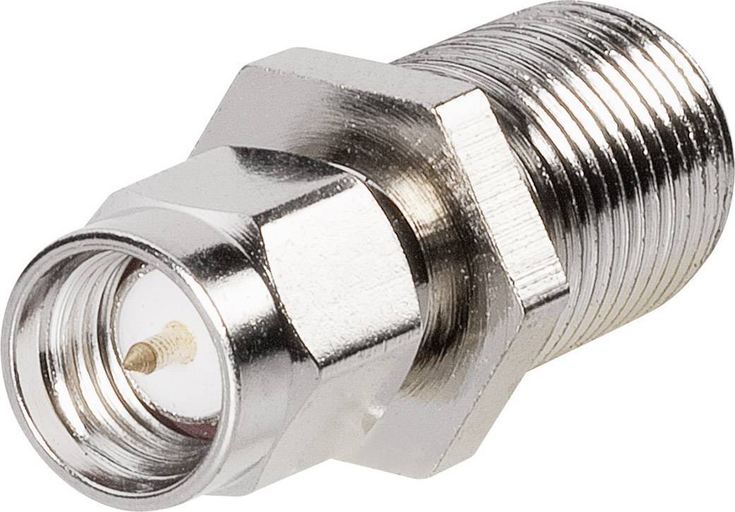 Adaptateur coaxial métallique à angle droit, pour connexions de câbles dans des appareils électroniques.