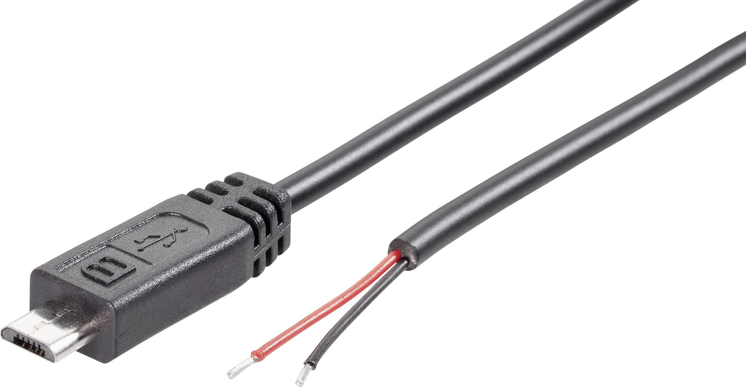 Un câble Micro-USB coupé avec un fil noir et un fil rouge.