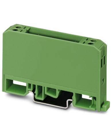 Boîtier électronique en plastique vert avec fixation sur rail DIN, illustrant la conception pour des applications industrielles.