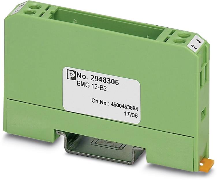 Module électronique vert avec l'étiquette 'EMG 12-B2', adaptable sur rail DIN.