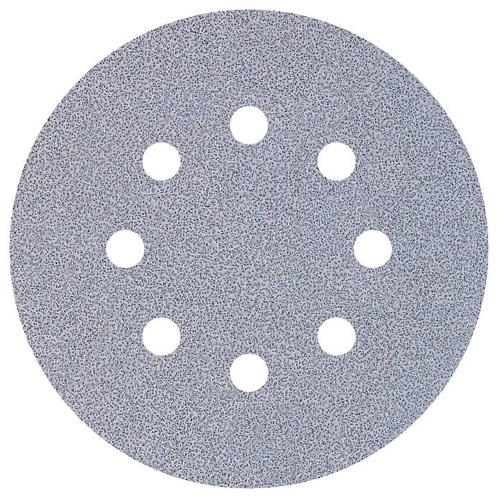 Feuille de papier abrasif rond avec huit trous répartis uniformément. Adaptée aux machines de ponçage pour le traitement de surface.