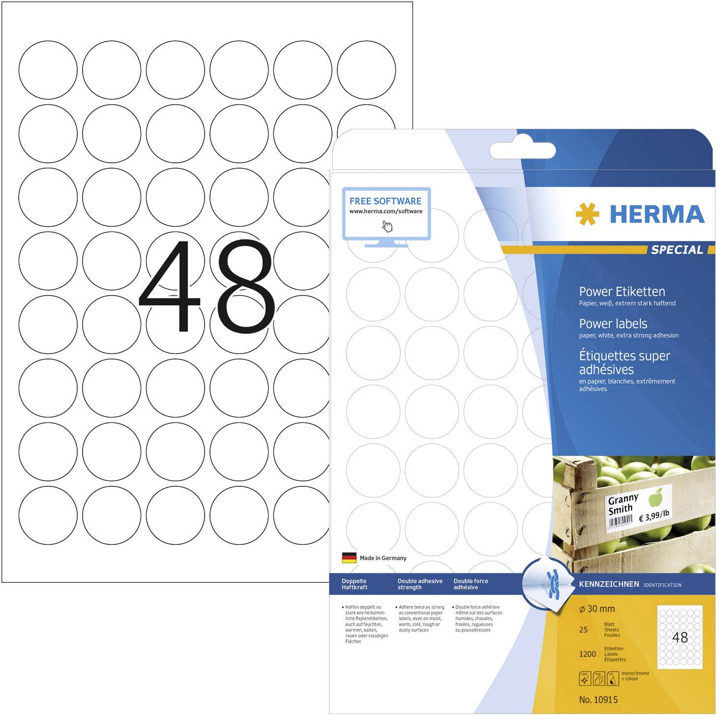 48 étiquettes rondes sur une feuille, emballage des HERMA Special Power Labels à côté. Étiquettes de 30 mm, spécialement conçues pour les produits lourds.