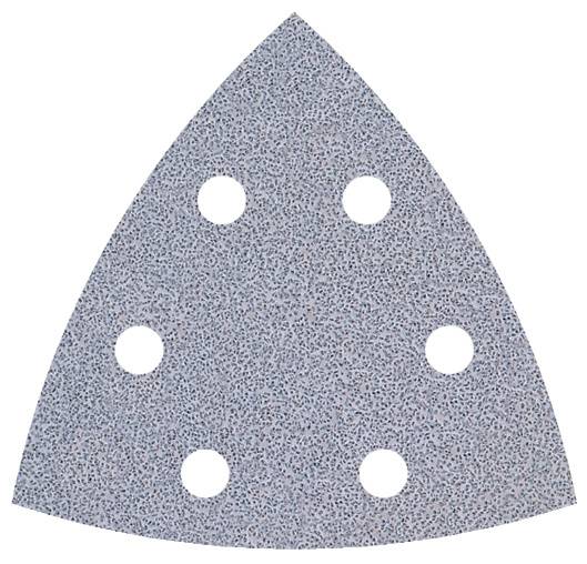 Papier de verre triangulaire avec six trous ronds, adapté pour un appareil de ponçage, sur un fond neutre.