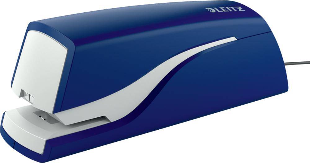 Un agrafeuse électrique bleue portant le logo 'Leitz', conçue pour agrafer efficacement et automatiquement des liasses de papier.