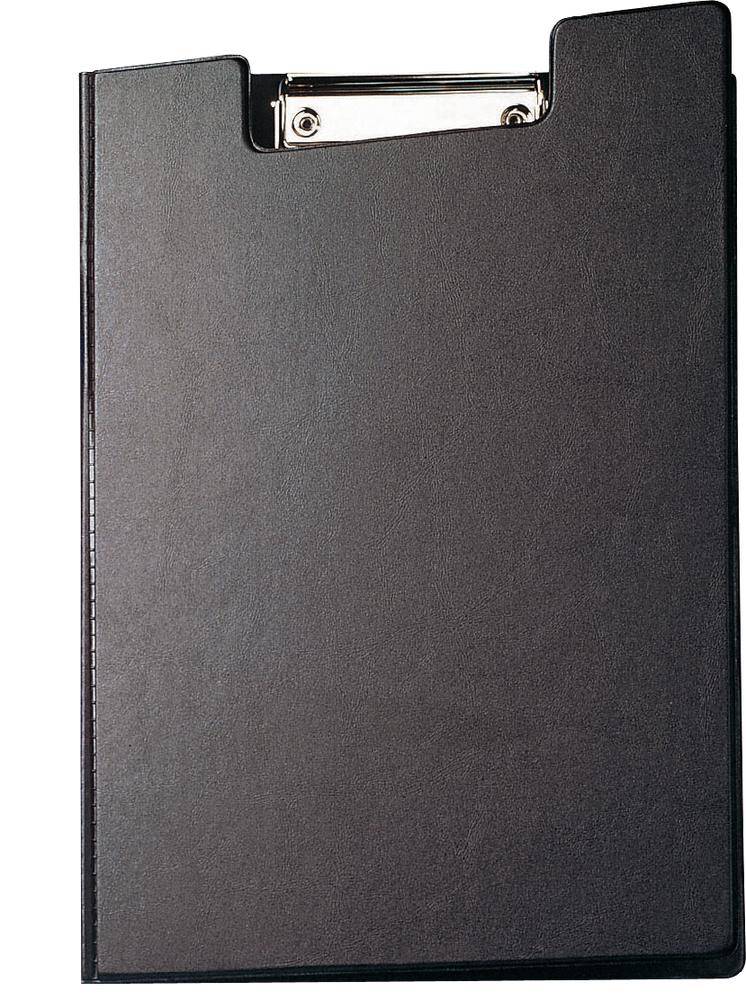 Porte-bloc noir avec pince métallique en haut, adapté pour maintenir des documents et des notes.