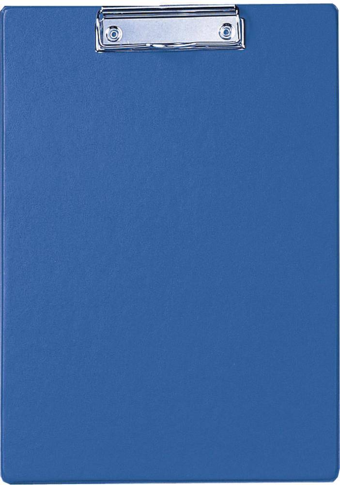 Un porte-bloc bleu avec un clip métallique en haut.
