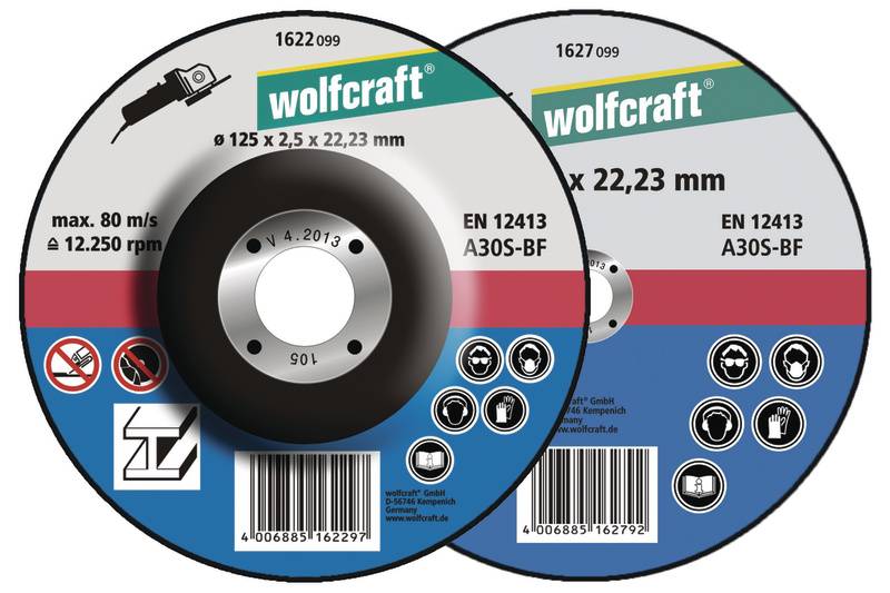 Deux disques de coupe de Wolfcraft avec indications de dimensions et spécifications telles que 125 x 2,5 x 22,23 mm et max. 80 m/s ou 12.250 tr/min.