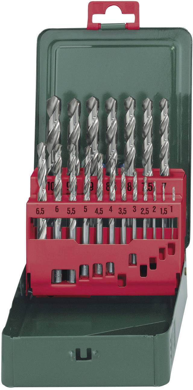 Ensemble de forets de différentes tailles en métal, rangés dans un coffret de rangement vert ouvert. Un support rouge indique la taille des forets.