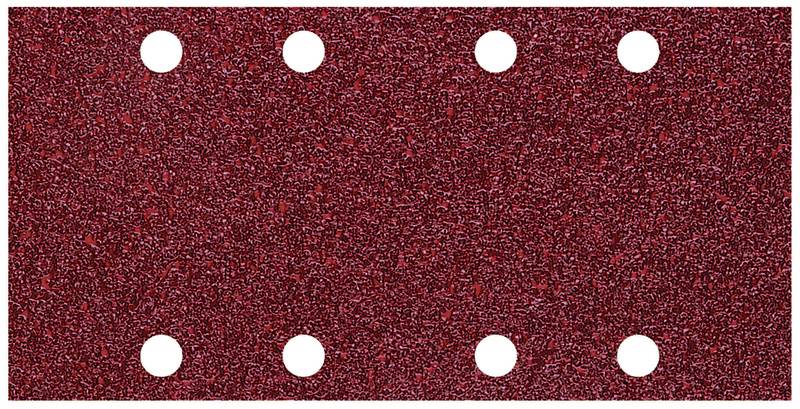 Un papier de verre rectangulaire rouge avec six trous ronds disposés en deux rangées.