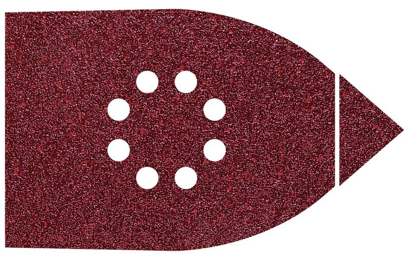 Papier de verre rouge en forme de fer à repasser avec huit trous ronds au centre, sur fond blanc.