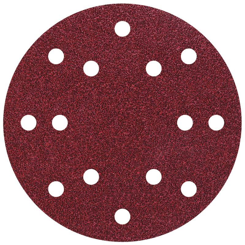 Un papier de verre rouge de forme circulaire avec plusieurs trous répartis uniformément.