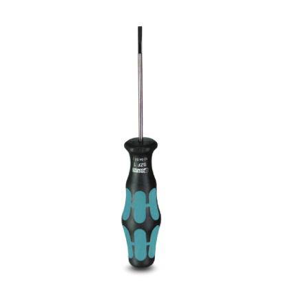 Un tournevis à manche noir avec des détails turquoise, adapté aux travaux de précision.