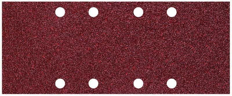 Papier de verre rouge avec six trous ronds disposés en deux rangées, utilisé pour poncer et lisser les surfaces.