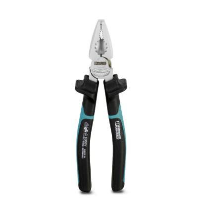 Une pince multifonction avec des poignées noires et bleues sur un fond blanc. Adaptée pour couper et saisir des fils.