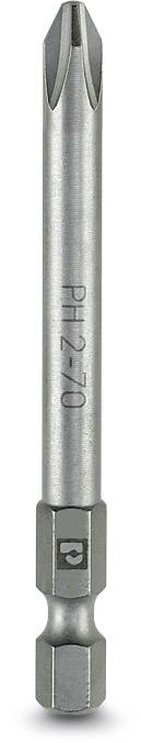 Un embout de tournevis en argent à tête cruciforme, marqué 'PH2-70', utilisé pour visser des vis.