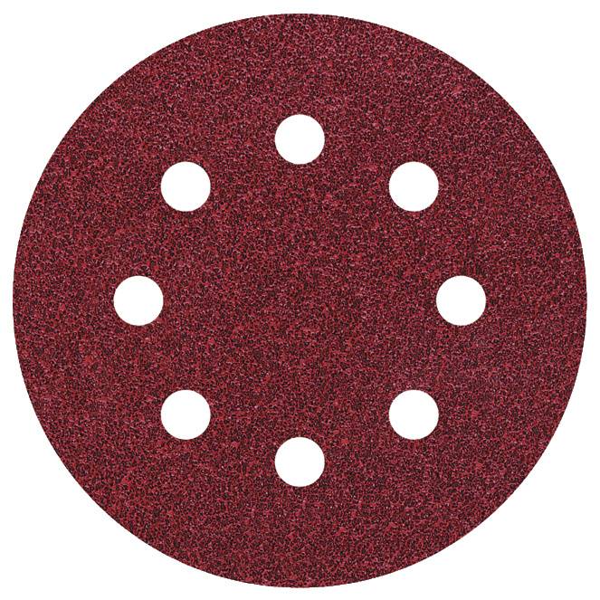 Disque de ponçage circulaire à grain rouge avec neuf trous, utilisé pour les travaux de ponçage.