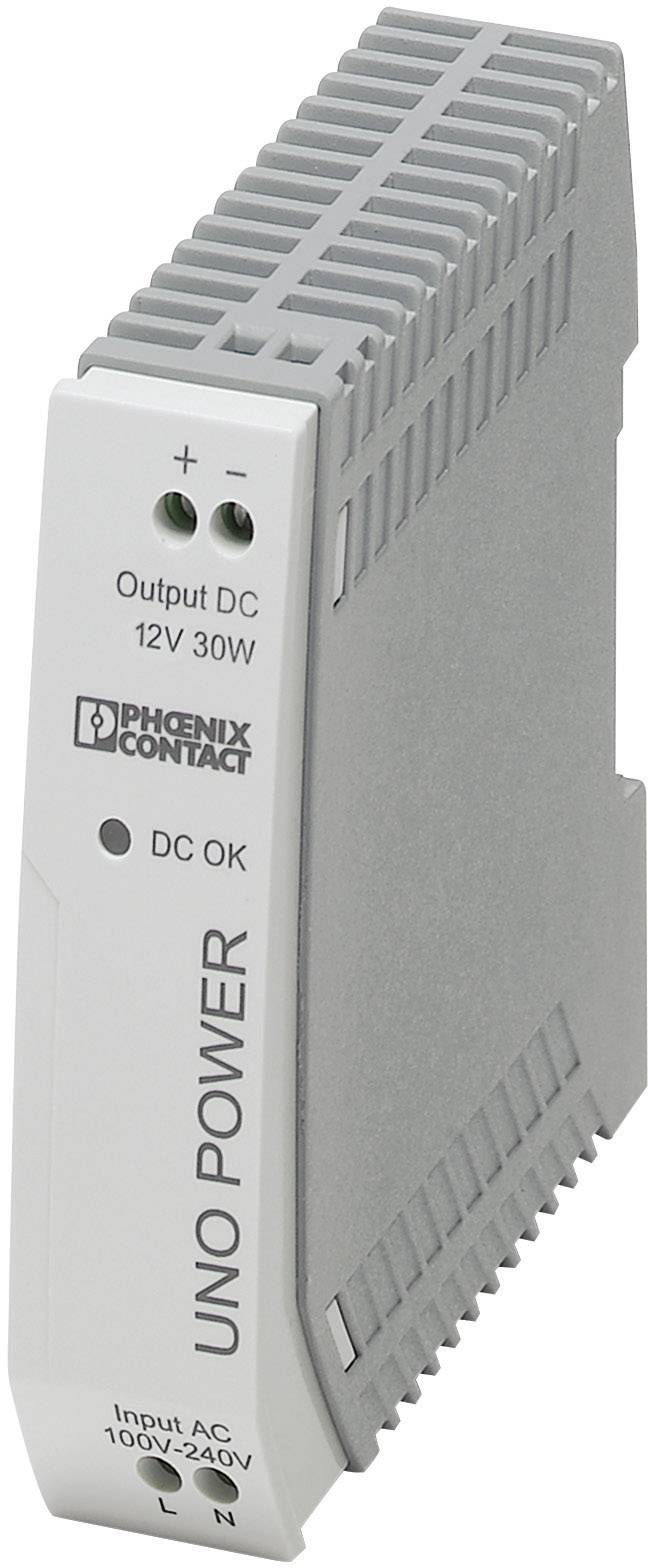 Un bloc d'alimentation de marque Phoenix Contact, modèle UNO POWER, avec sortie DC 12V 30W et entrée AC 100V-240V.