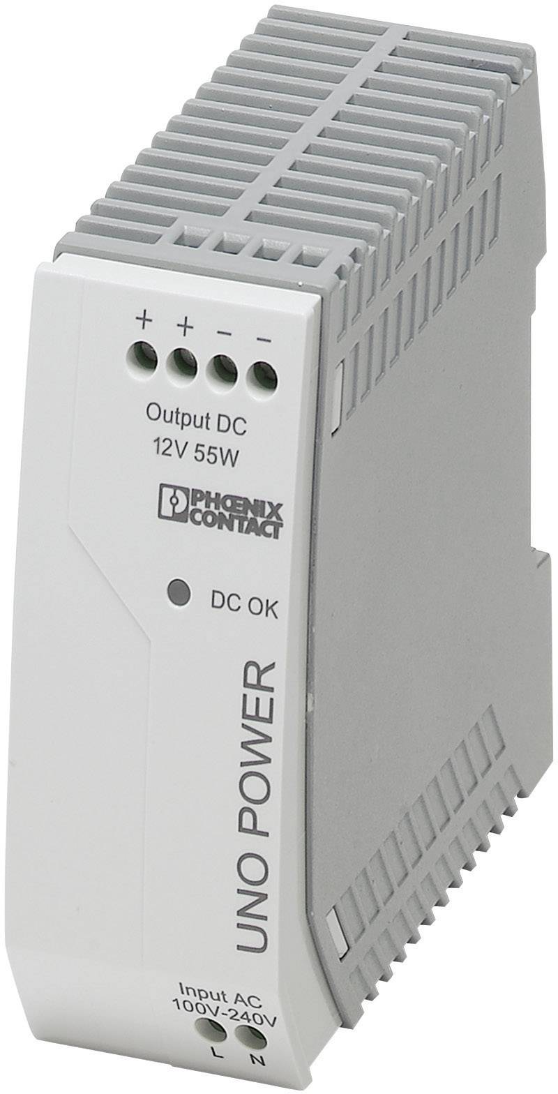 Un module d'alimentation gris Phoenix Contact portant l'inscription 'UNO POWER' et 'Output DC 12V 55W', adapté pour une entrée AC 100-240V.