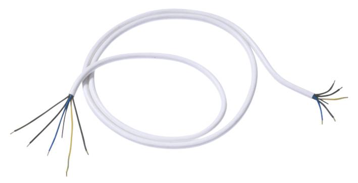 Un câble blanc à plusieurs brins, avec ses extrémités dénudées, est disposé en boucle flexible.