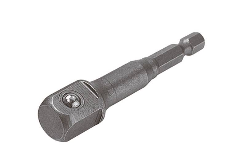 Un adaptateur de douille métallique pour perceuses avec une extrémité d'entraînement carrée et une tige hexagonale.