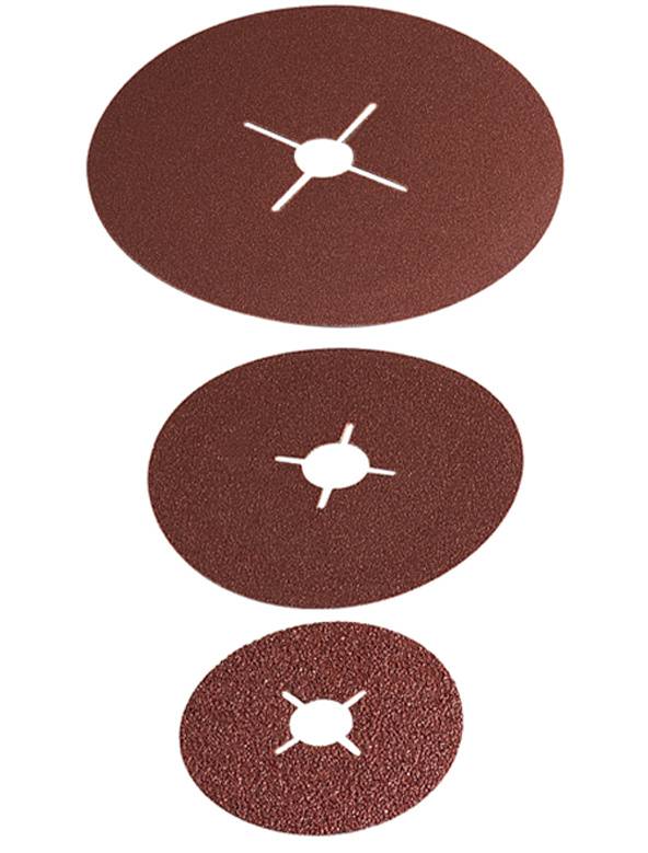 Trois disques de ponçage rouges de tailles différentes avec un trou central de fixation, disposés du plus grand au plus petit.